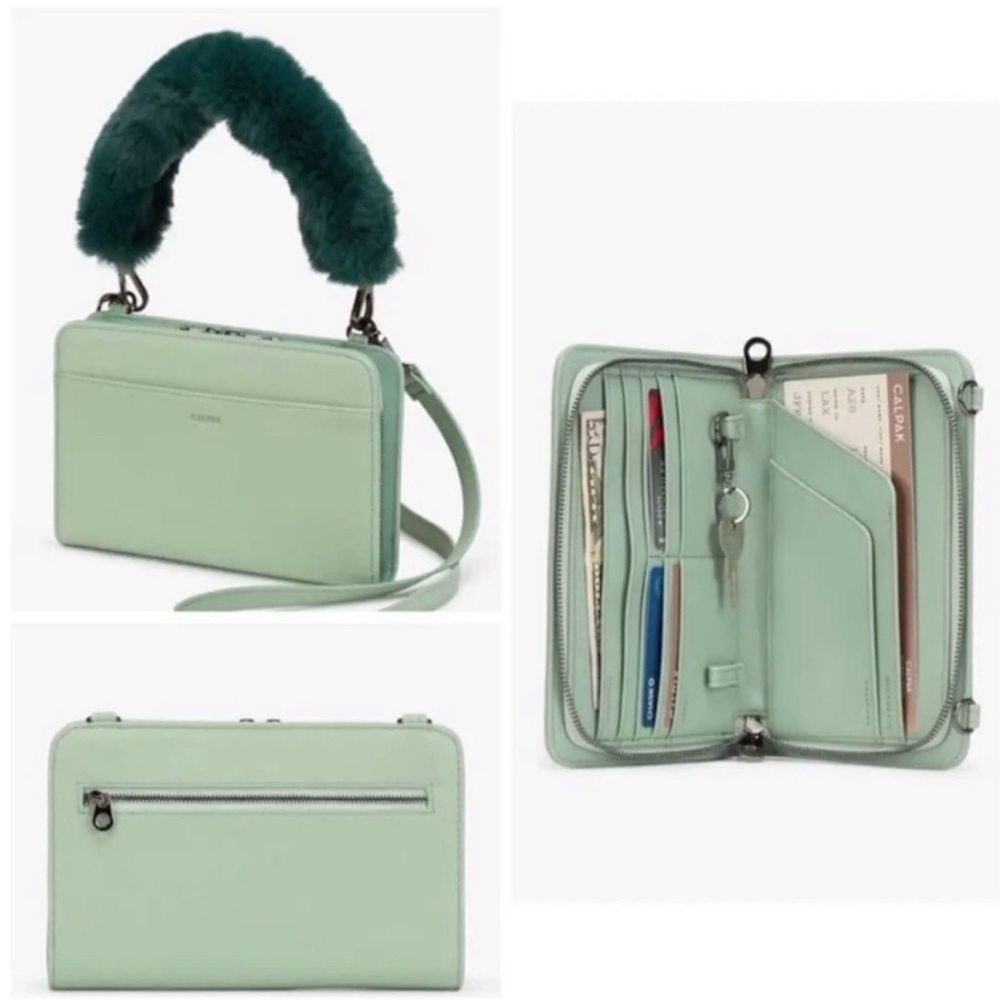 Calpak mint green travel wallet with faux fur removable strap.